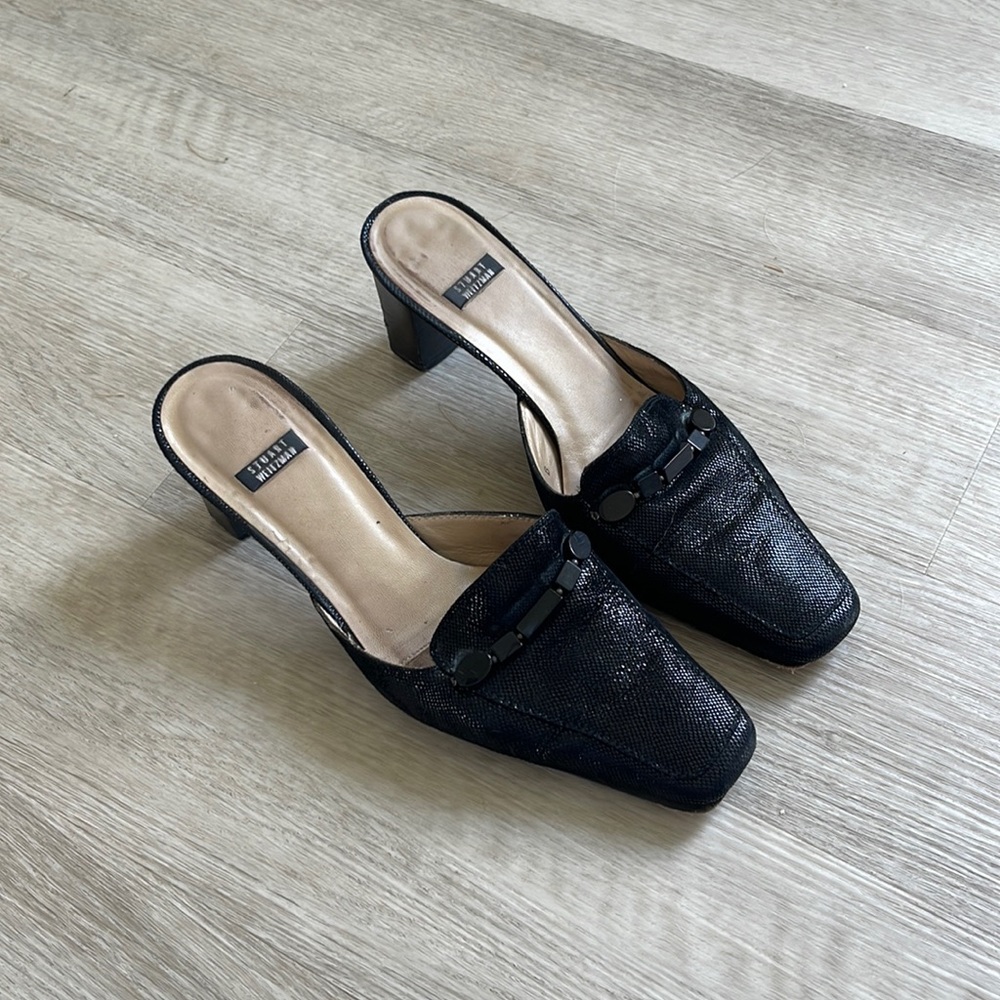 Stuart Weitzman - Black Square Toe Mules Size 9 Womens